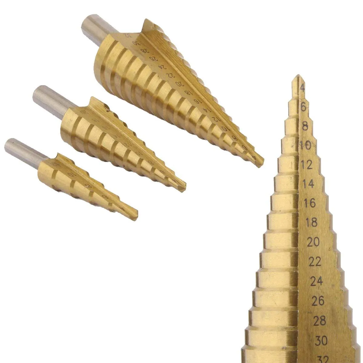 '-3X Large HSS Steel Step Cone Drill Titanium Bit Set Hole Cutter (4-32, 4-20, 4-12mm)