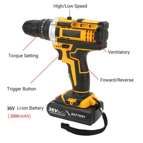 36VF BRUSHLESS HEAVY DUTY CORDLESS DRILL IMPACT DRIVER KIT | Hammer |  2 BATTERY | Box