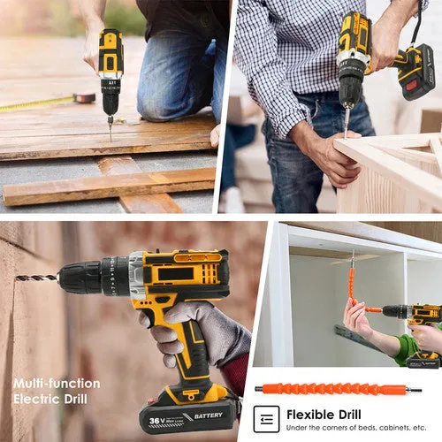 36VF BRUSHLESS HEAVY DUTY CORDLESS DRILL IMPACT DRIVER KIT | Hammer |  2 BATTERY | Box