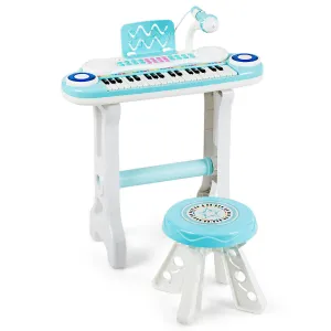37-Key Kid's Toy Electronic Keyboard with Stool and Microphone-Blue