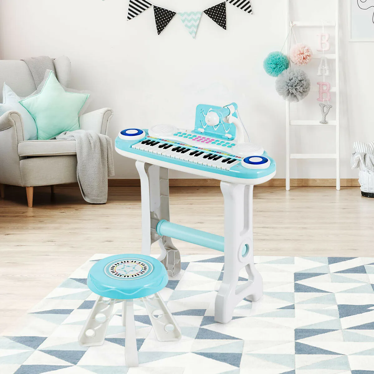 37-Key Kid's Toy Electronic Keyboard with Stool and Microphone