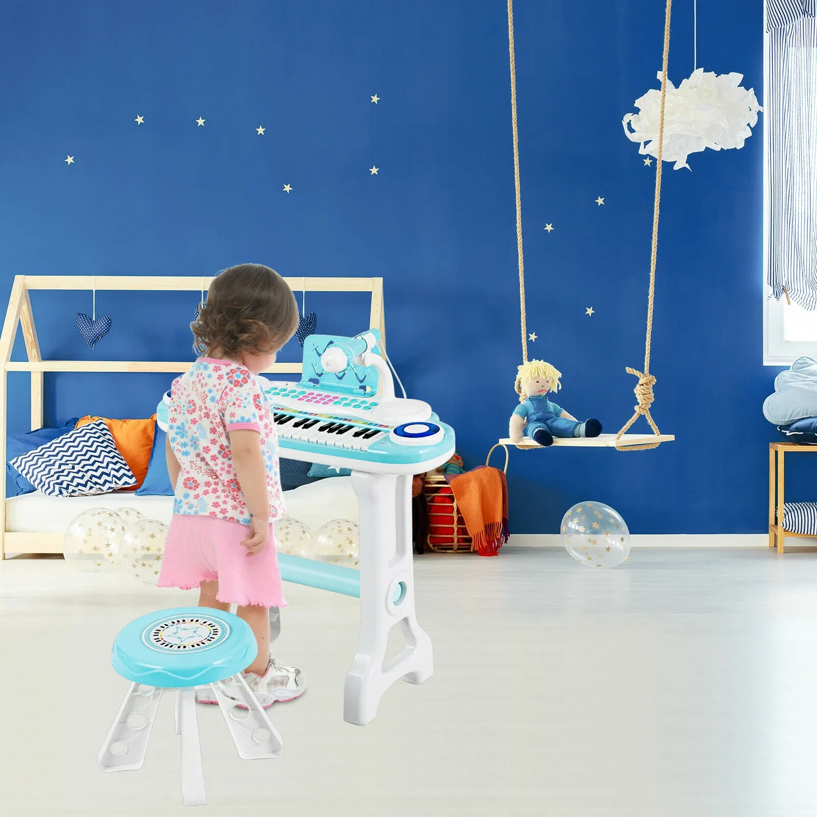 37-Key Kid's Toy Electronic Keyboard with Stool and Microphone