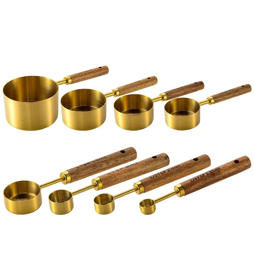 4 / 8 Piece Gold Measuring Cups Spoons Set Stainless Steel With Wooden Handles