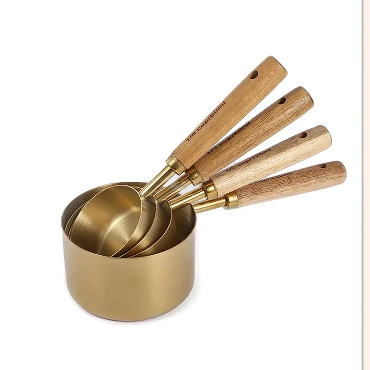 4 / 8 Piece Gold Measuring Cups Spoons Set Stainless Steel With Wooden Handles