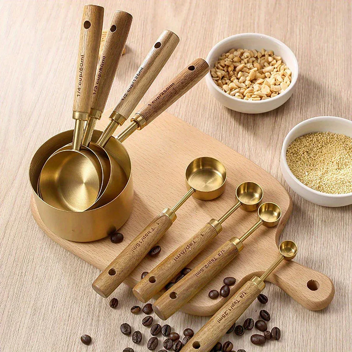 4 / 8 Piece Gold Measuring Cups Spoons Set Stainless Steel With Wooden Handles