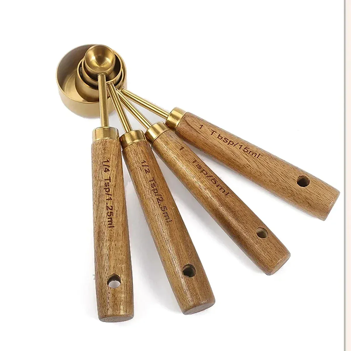 4 / 8 Piece Gold Measuring Cups Spoons Set Stainless Steel With Wooden Handles