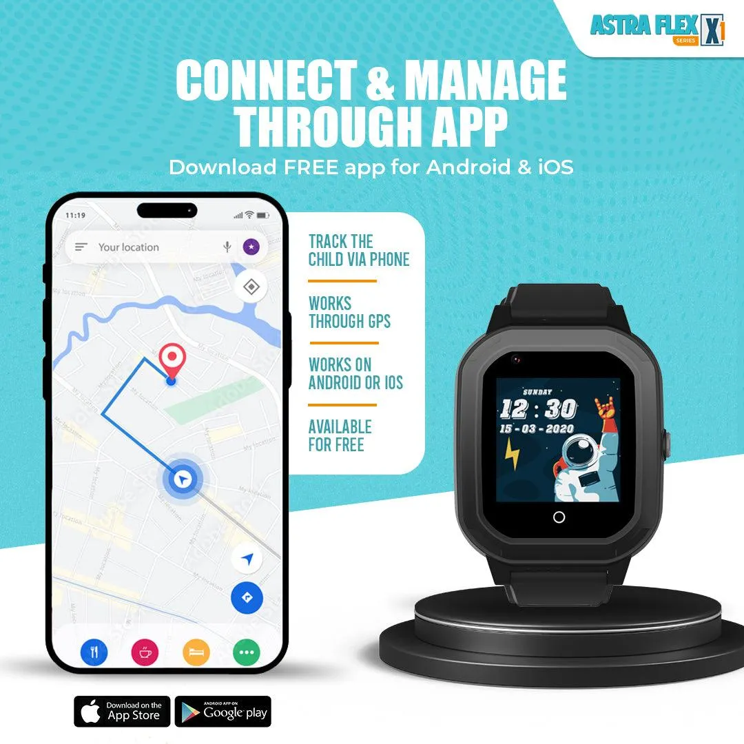 Astra Flex X1- Kids 4G LTE Android Smart Watch - 1GB RAM   8GB ROM, SMS, Vibration, WhatsApp, Wifi, GPS Tracking and Video Calling