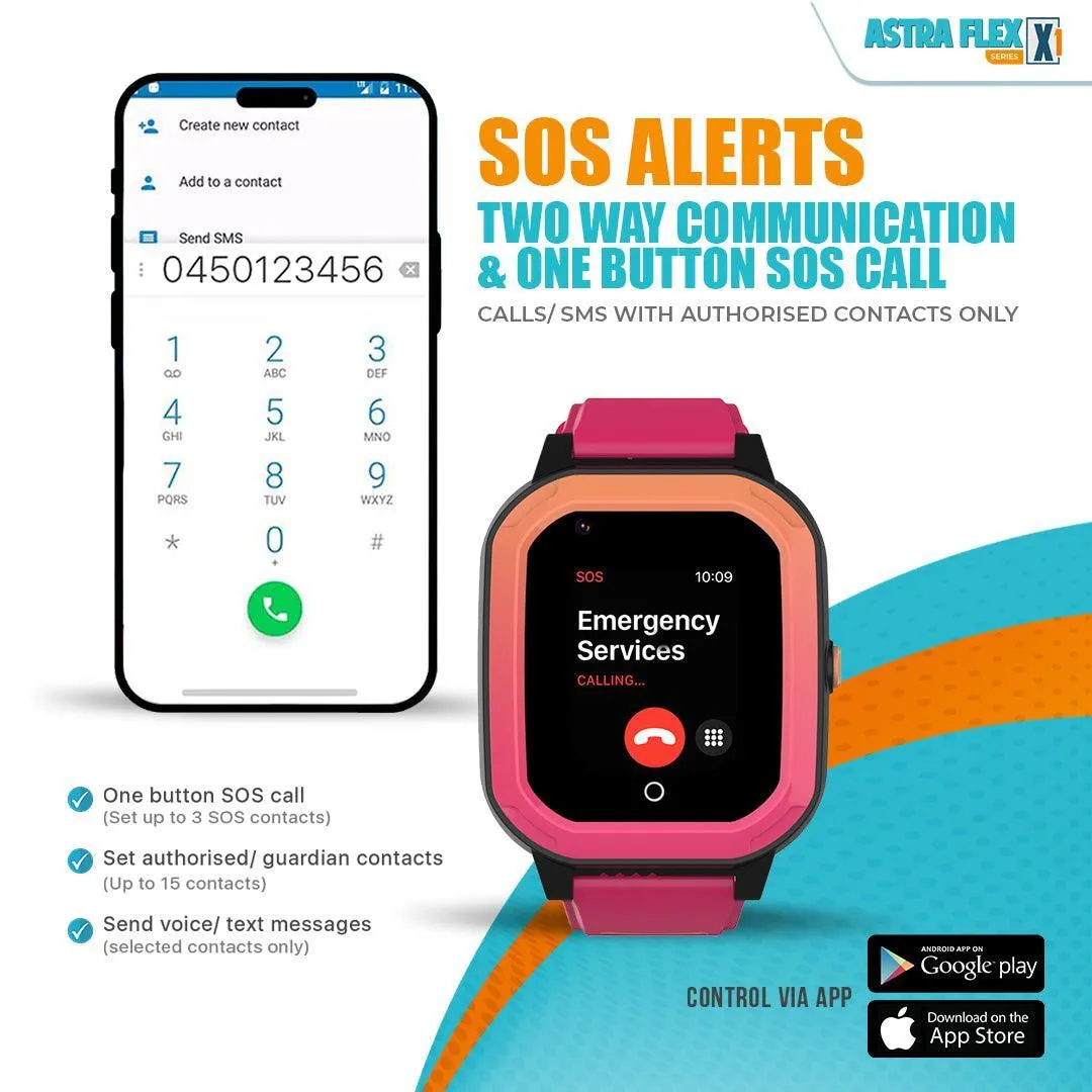 Astra Flex X1- Kids 4G LTE Android Smart Watch - 1GB RAM   8GB ROM, SMS, Vibration, WhatsApp, Wifi, GPS Tracking and Video Calling