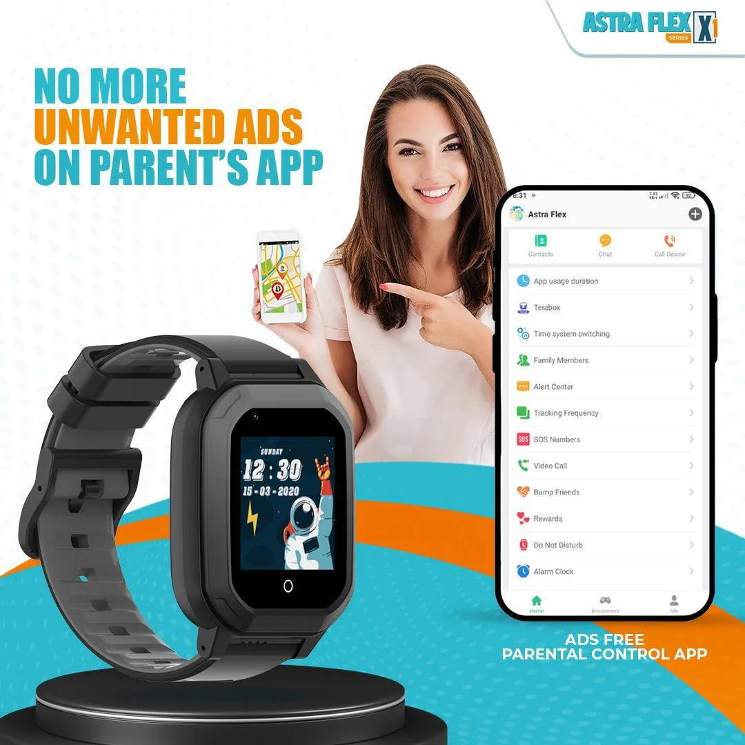 Astra Flex X1- Kids 4G LTE Android Smart Watch - 1GB RAM   8GB ROM, SMS, Vibration, WhatsApp, Wifi, GPS Tracking and Video Calling