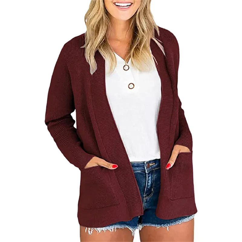 Autumn Winter Women Solid Color Long Sleeve Loose Knitted Sweater Coats