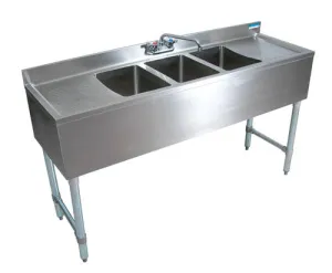 BK Resources UB4-18-360TS Three Compartment 60" Slim-Line Underbar Sink with Two Drainboards