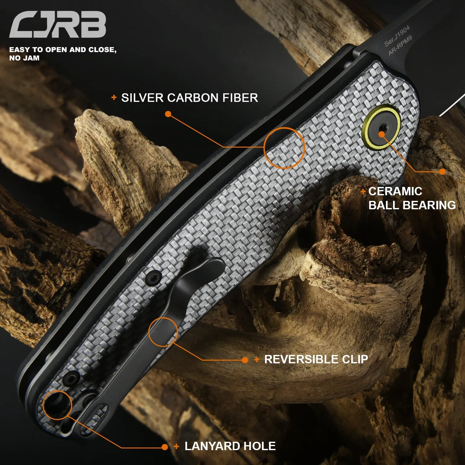 CJRB Crag J1904 AR-RPM9 Steel Gray Pvd Blade Sliver Carbon Fiber Handle Folding Knives