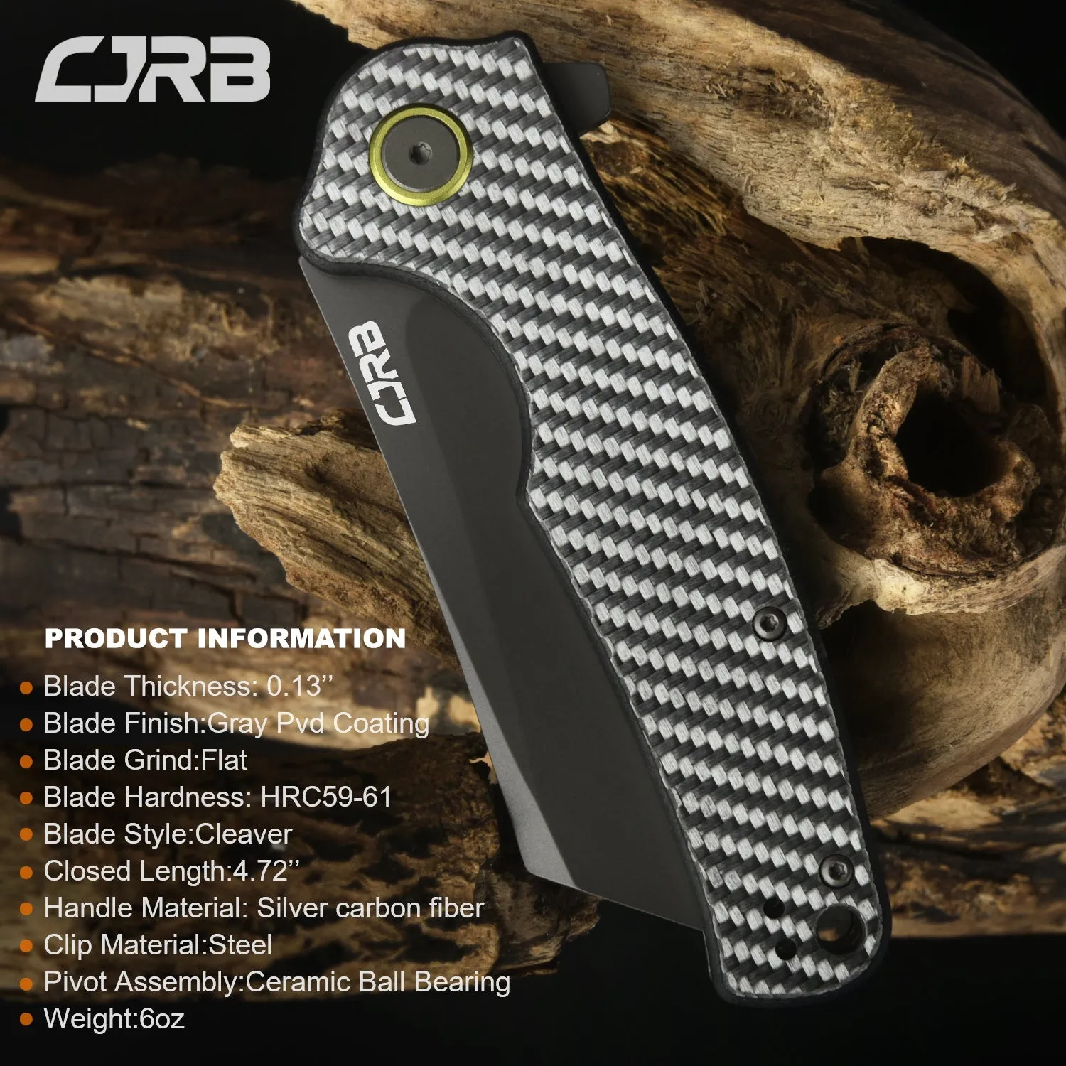CJRB Crag J1904 AR-RPM9 Steel Gray Pvd Blade Sliver Carbon Fiber Handle Folding Knives