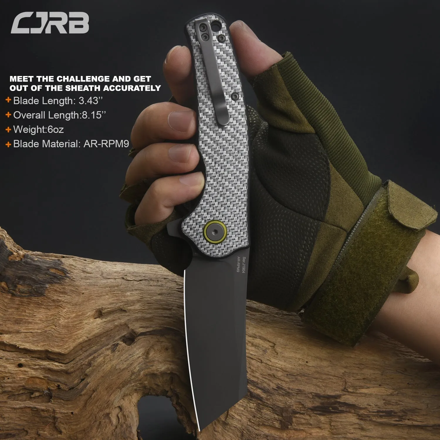 CJRB Crag J1904 AR-RPM9 Steel Gray Pvd Blade Sliver Carbon Fiber Handle Folding Knives