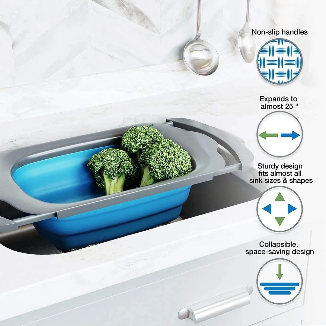 Collapsible - Blue & Grey - Over The Sink Colander with Handles