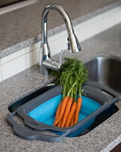 Collapsible - Blue & Grey - Over The Sink Colander with Handles