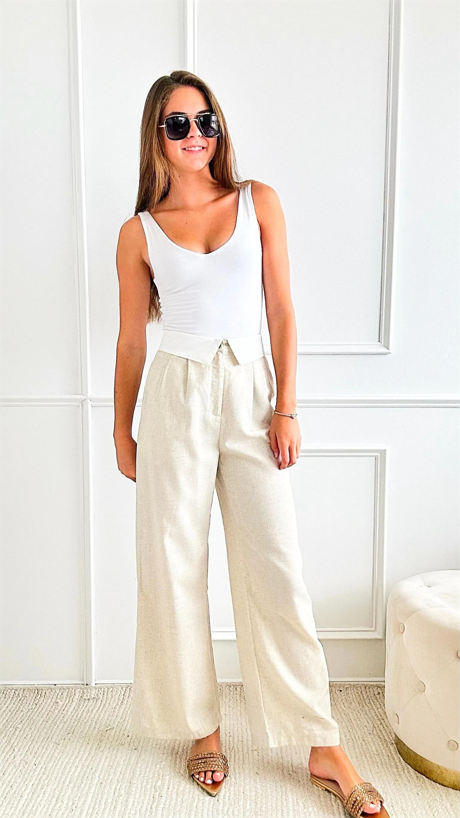 Contrast Waistband Detailing Linen Long Pants