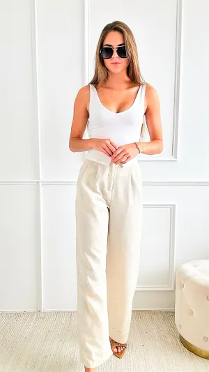 Contrast Waistband Detailing Linen Long Pants