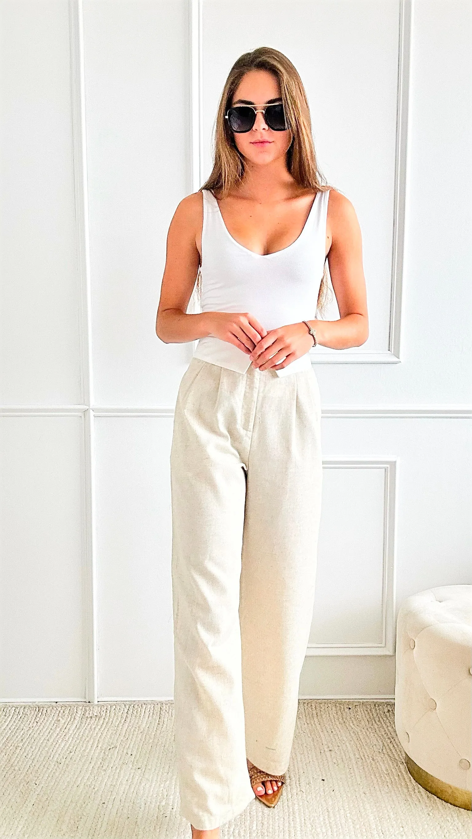 Contrast Waistband Detailing Linen Long Pants