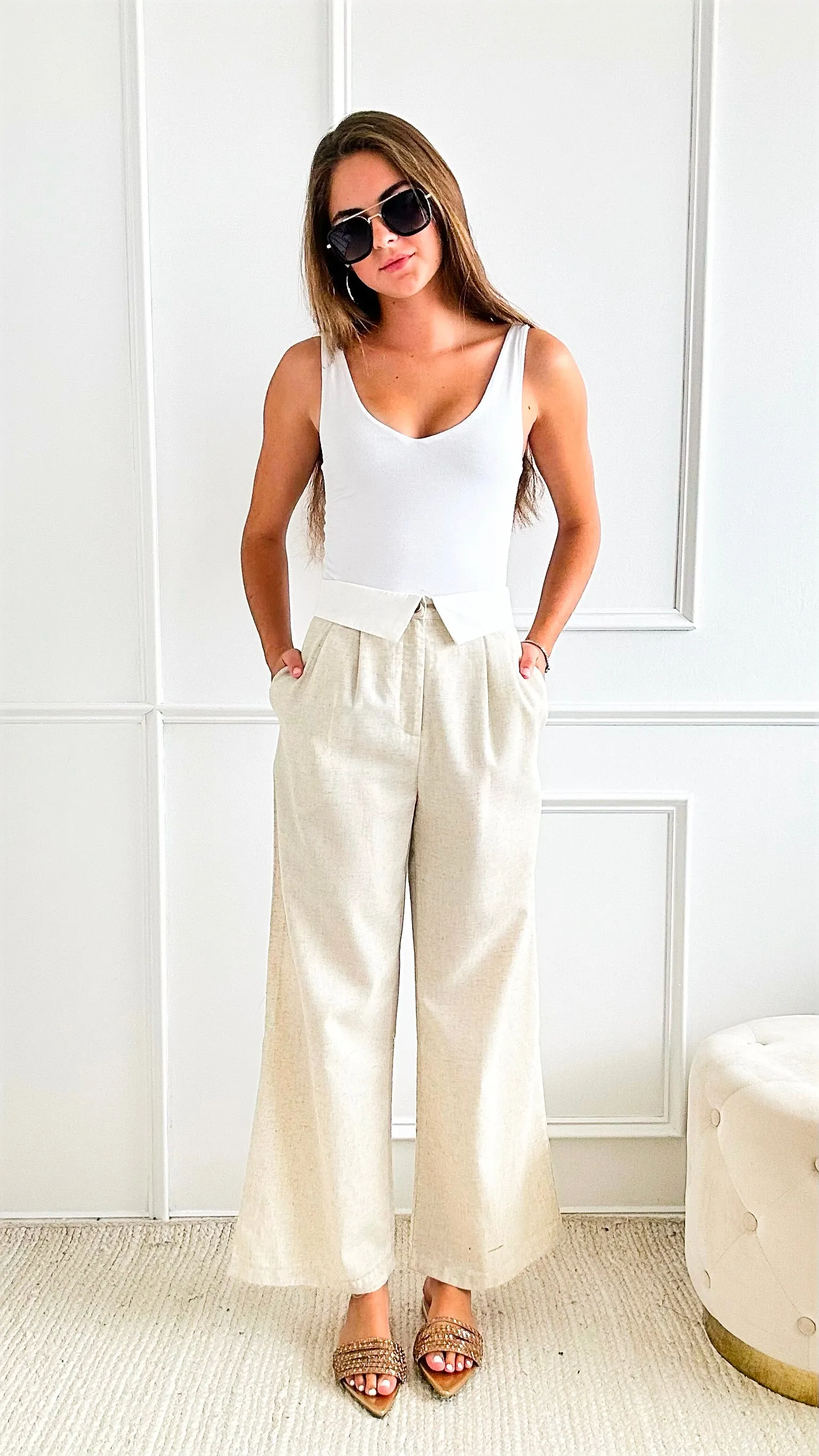 Contrast Waistband Detailing Linen Long Pants