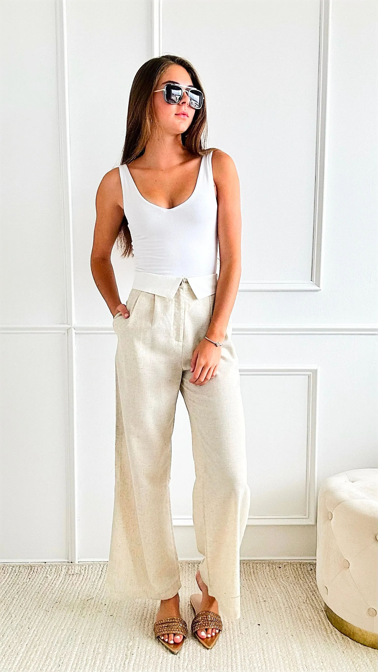 Contrast Waistband Detailing Linen Long Pants