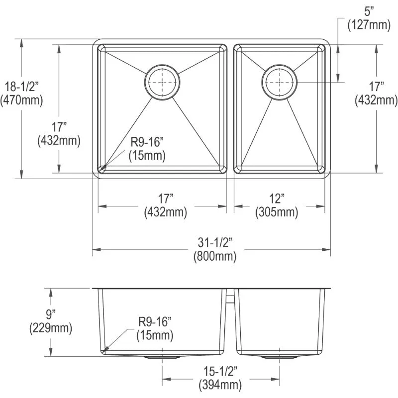 Crosstown 18.5" x 31.5" x 9" Stainless Steel 60/40 Double-Basin Undermount Kitchen Sink Kit