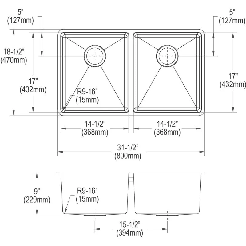 Crosstown 18.5" x 31.5" x 9" Stainless Steel Double-Basin Undermount Kitchen Sink
