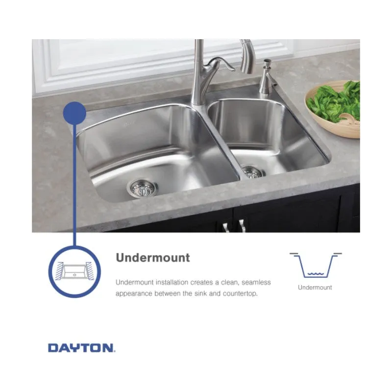 Dayton 20.5" x 31.75" x 10" Stainless Steel Double-Basin Undermount Kitchen Sink in Radiant Satin