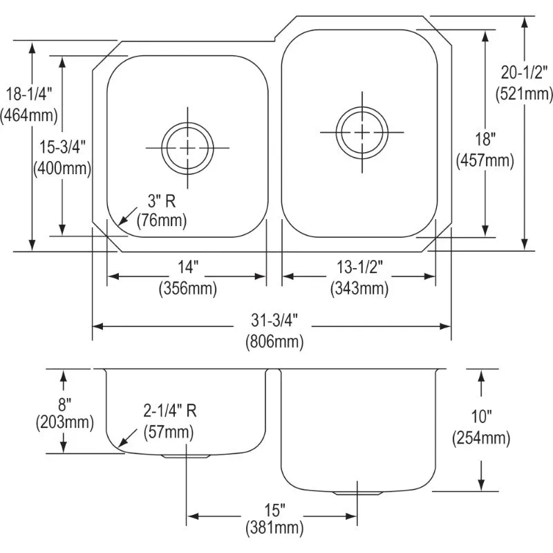 Dayton 20.5" x 31.75" x 10" Stainless Steel Double-Basin Undermount Kitchen Sink in Radiant Satin