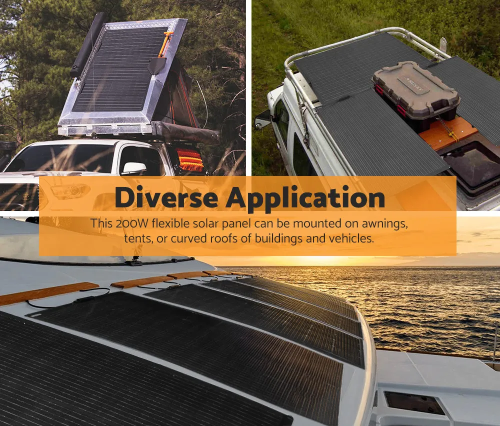 MOBI 200W Flexible Solar Panel Mono Cells 12V RV Boat Caravan Camping 4WD