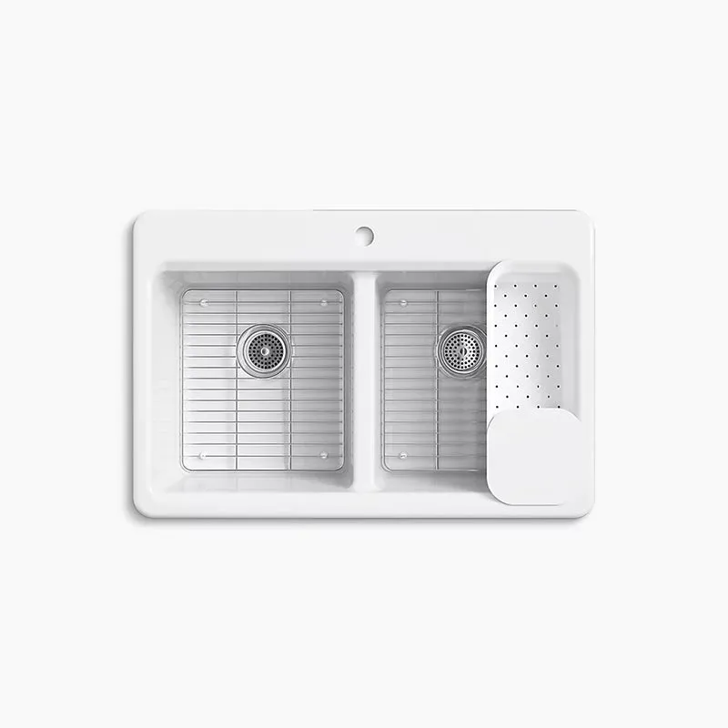Riverby 22" x 33" x 9.63" Enameled Cast Iron 50/50 Double-Basin Drop-In Kitchen Sink in White - 1 Faucet Hole