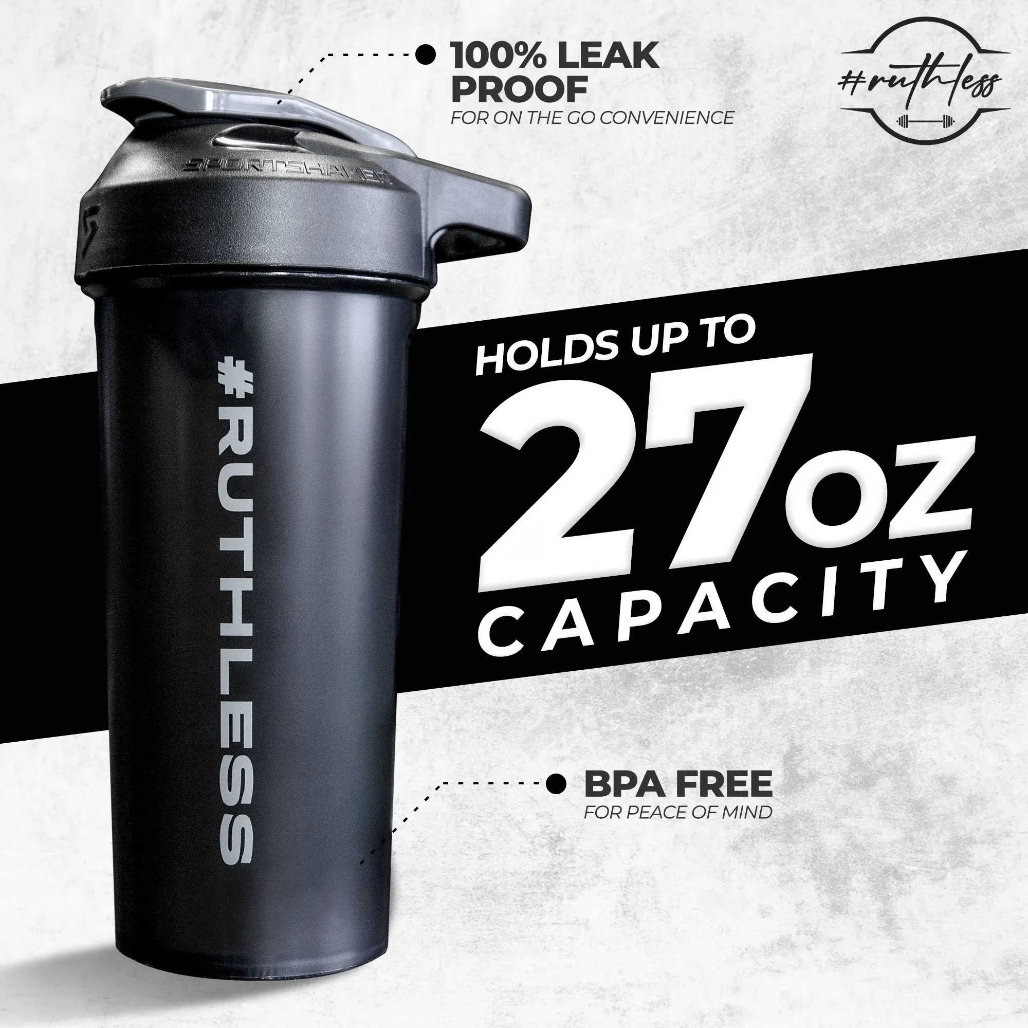 #RUTHELESS Shaker Bottle, Great for Pre Workout, and Protein Drink, Pro Blend Thechnology, 100% leak Free, 27-Ounce, Made in The USA.