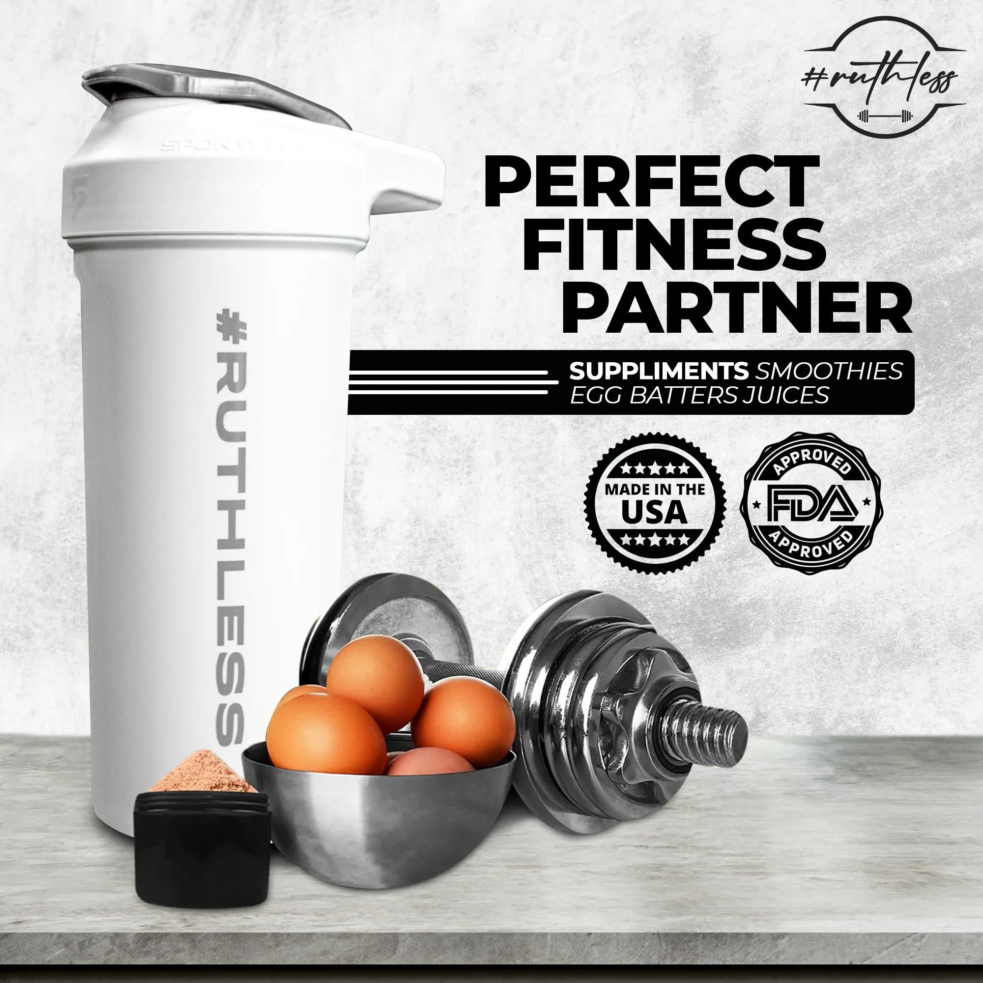 #RUTHELESS Shaker Bottle, Great for Pre Workout, and Protein Drink, Pro Blend Thechnology, 100% leak Free, 27-Ounce, Made in The USA.
