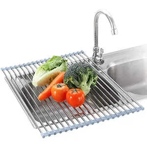 Seropy Roll Up Dish Drying Rack Over the Sink for Kitchen RV Sink 17.8x15.7 Inch Kitchen Drying Rack Folding Dish Drainer Mat Rolling Dish Rack Foldable Sink Rack Stainless Steel Wide Kitchen Dry Rack