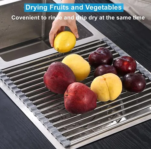Seropy Roll Up Dish Drying Rack Over the Sink for Kitchen RV Sink 17.8x15.7 Inch Kitchen Drying Rack Folding Dish Drainer Mat Rolling Dish Rack Foldable Sink Rack Stainless Steel Wide Kitchen Dry Rack