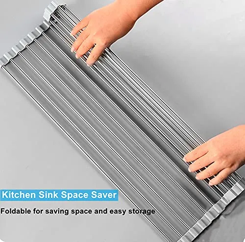Seropy Roll Up Dish Drying Rack Over the Sink for Kitchen RV Sink 17.8x15.7 Inch Kitchen Drying Rack Folding Dish Drainer Mat Rolling Dish Rack Foldable Sink Rack Stainless Steel Wide Kitchen Dry Rack