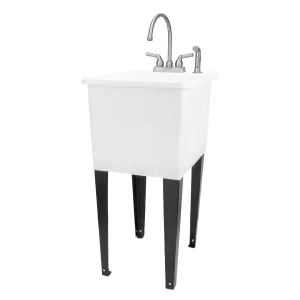 Tehila Space Saver Freestanding White Utility Sink with Stainless Steel Finish Gooseneck Faucet and Side Sprayer