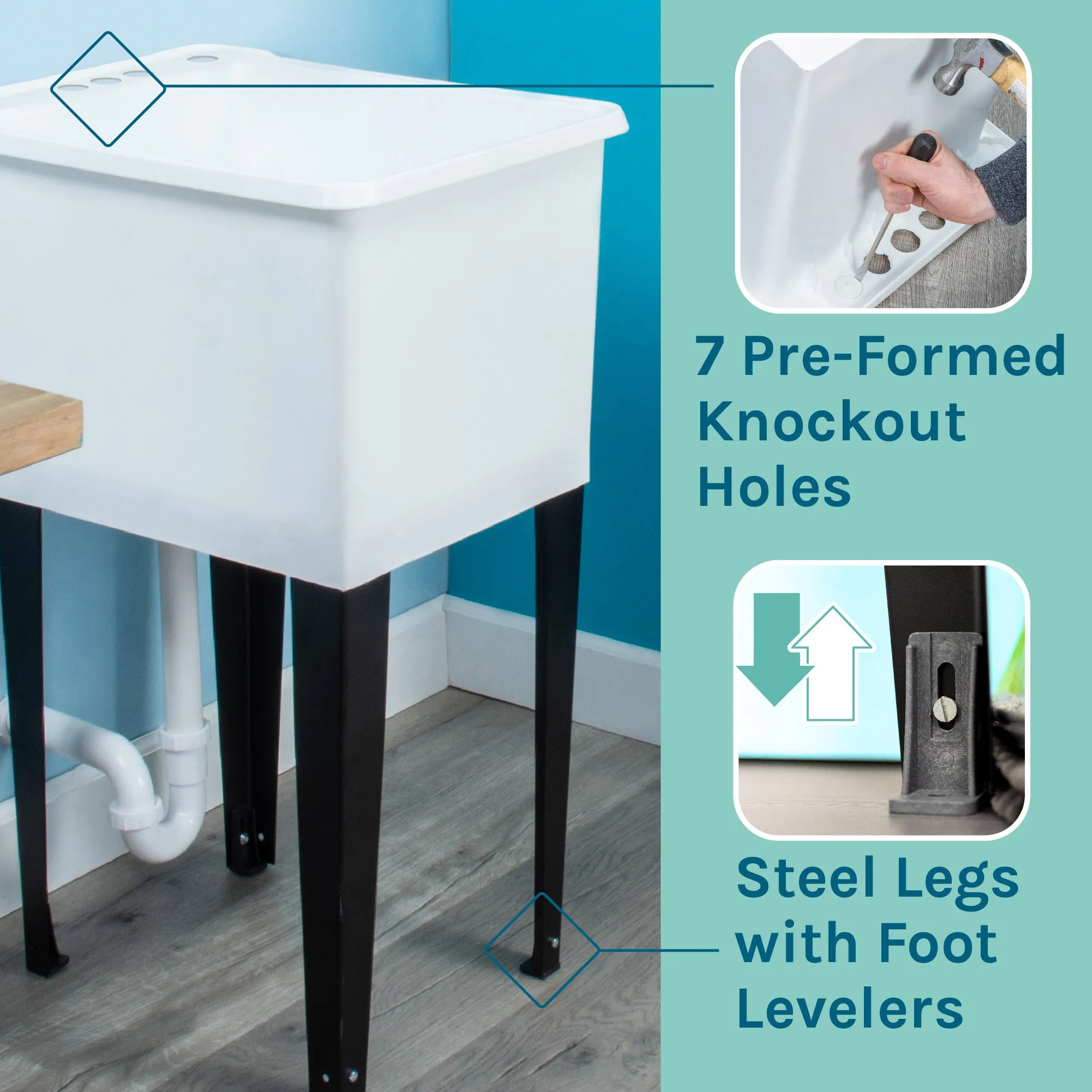 Tehila Space Saver Freestanding White Utility Sink with Stainless Steel Finish Gooseneck Faucet and Side Sprayer
