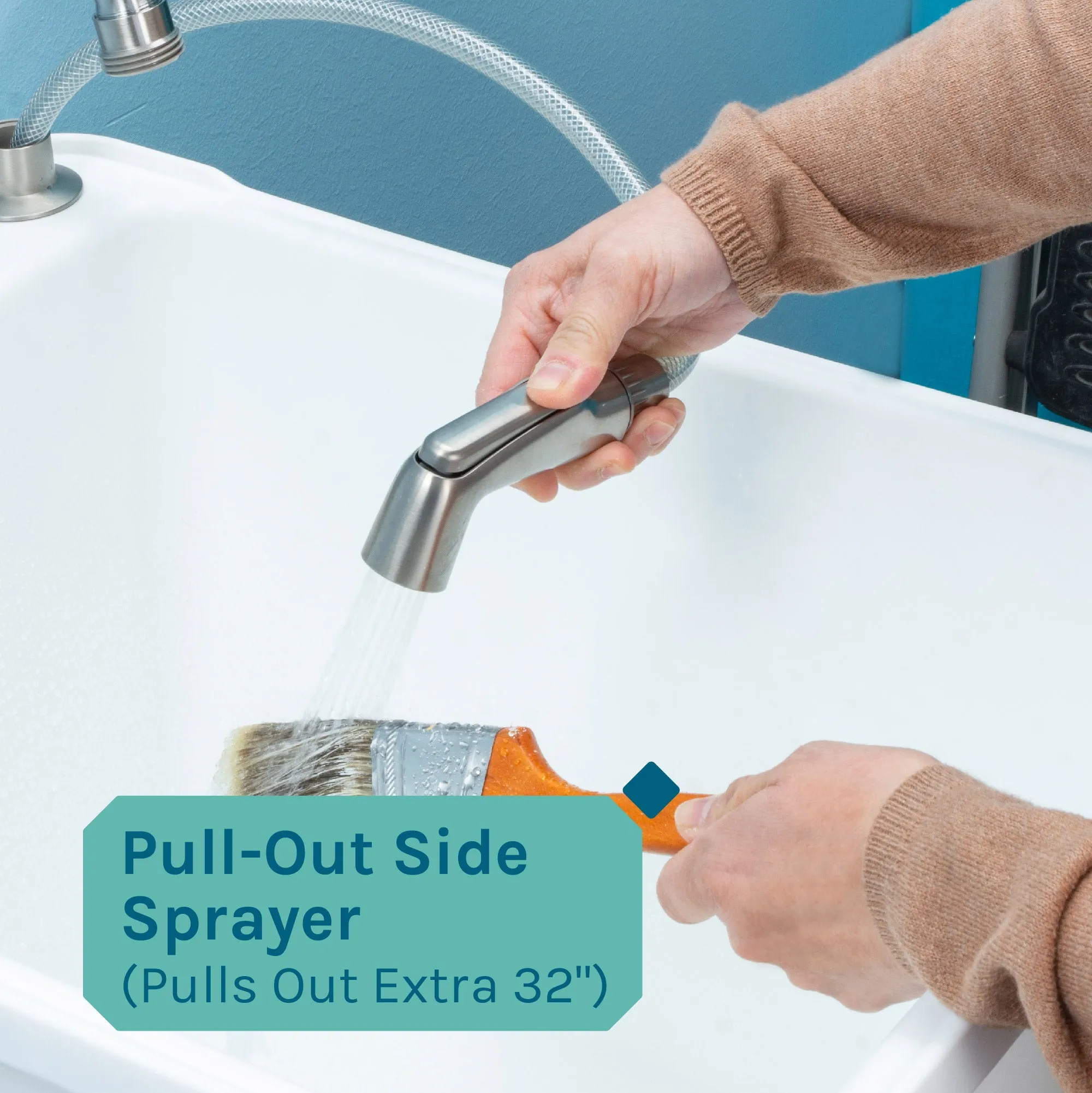 Tehila Space Saver Freestanding White Utility Sink with Stainless Steel Finish Gooseneck Faucet and Side Sprayer