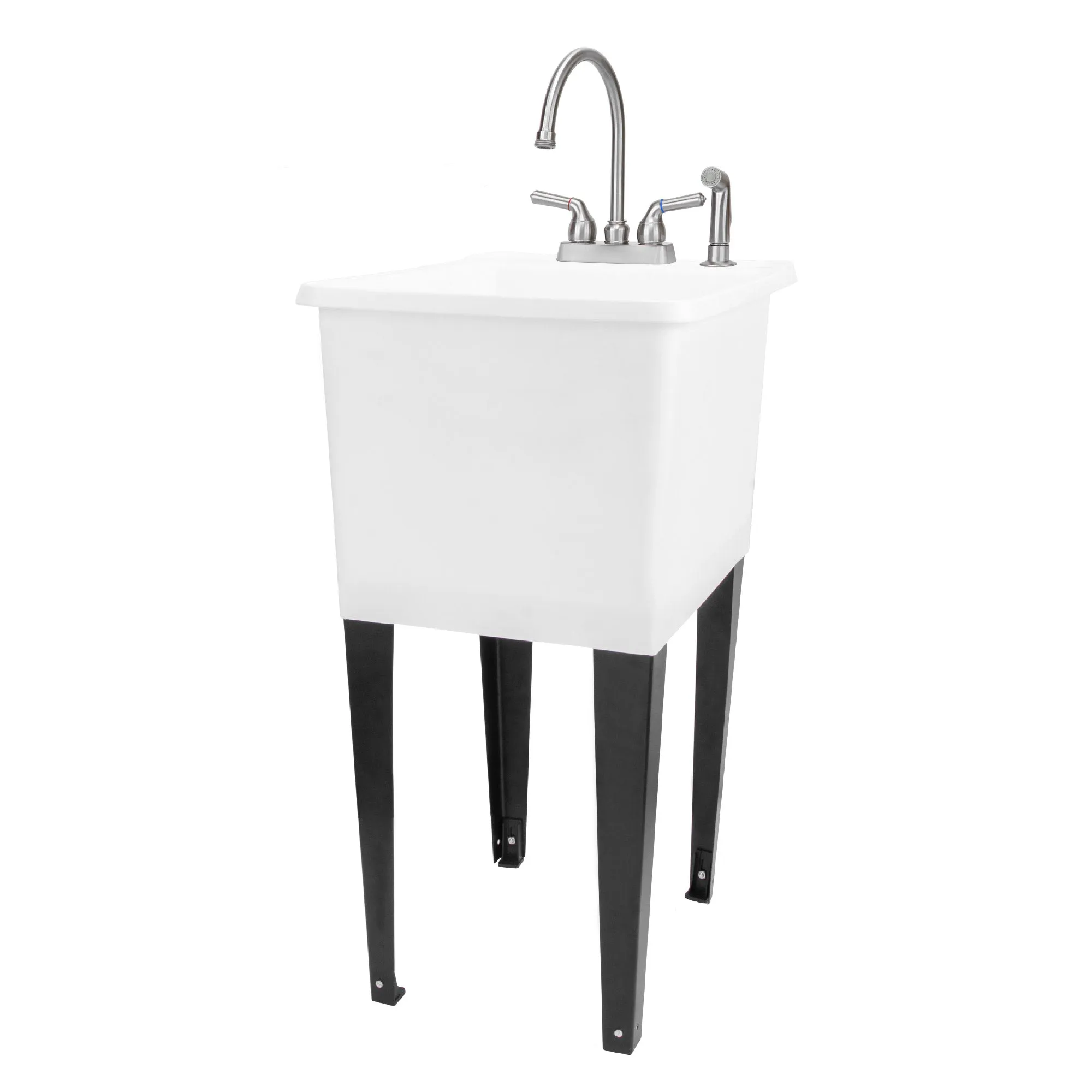 Tehila Space Saver Freestanding White Utility Sink with Stainless Steel Finish Gooseneck Faucet and Side Sprayer