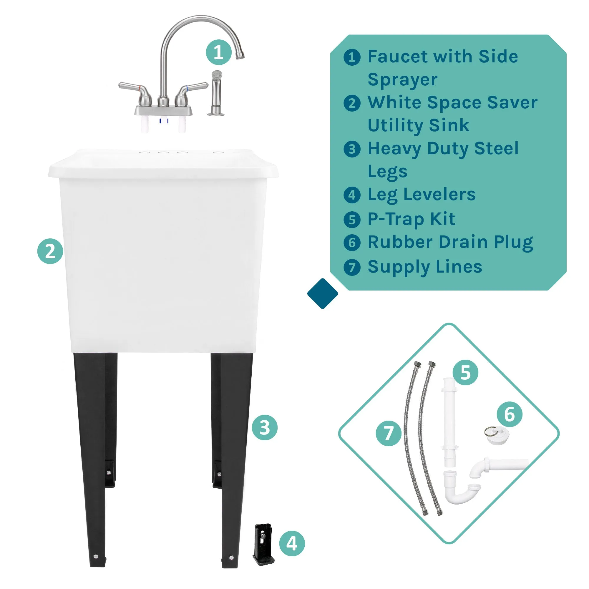 Tehila Space Saver Freestanding White Utility Sink with Stainless Steel Finish Gooseneck Faucet and Side Sprayer