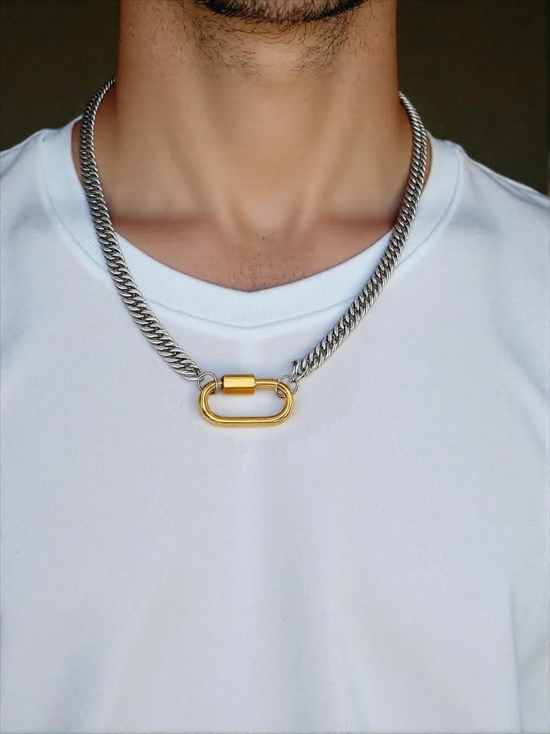 Women Two Color Mountaineering Buckle Necklace Silver Men and Women's Personalized Cuban Paper Clip Thick Chain Necklace