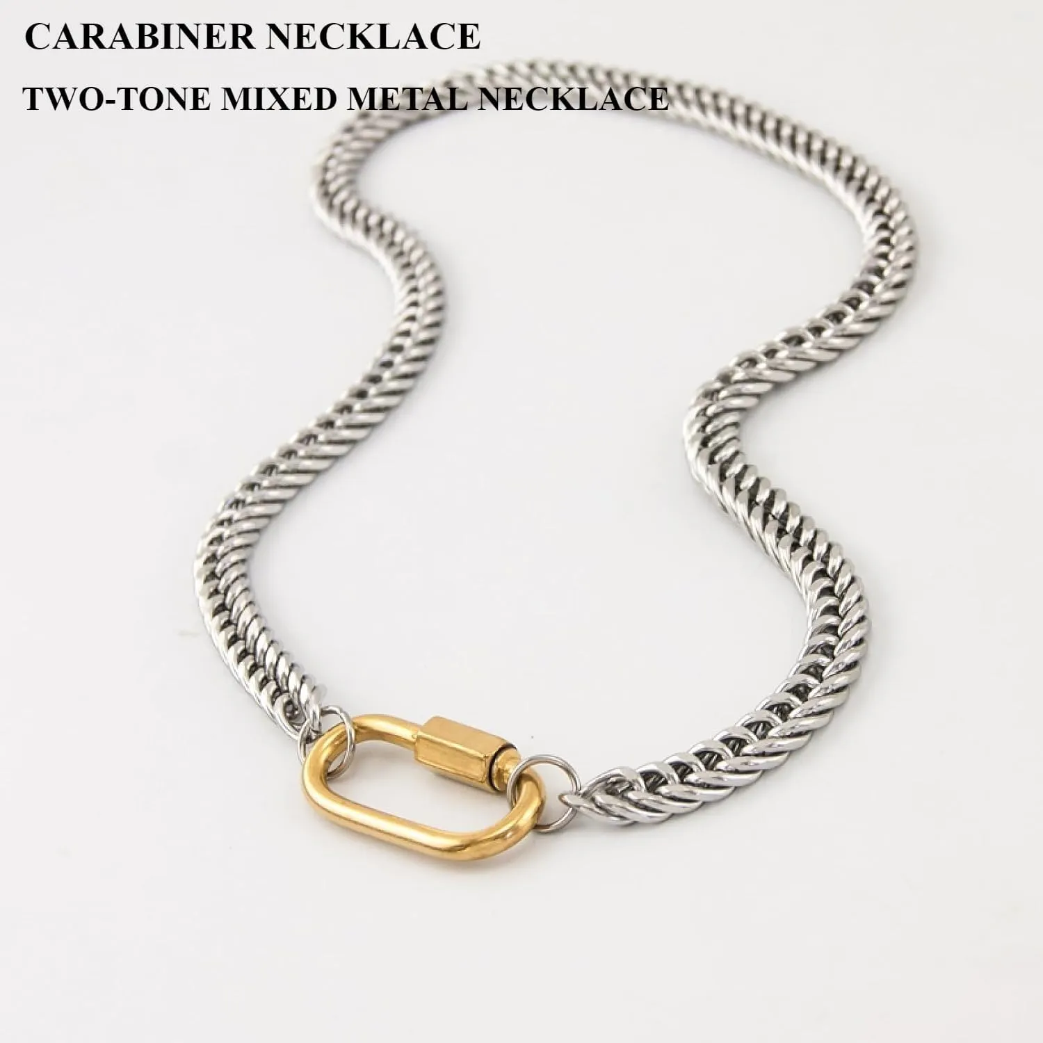 Women Two Color Mountaineering Buckle Necklace Silver Men and Women's Personalized Cuban Paper Clip Thick Chain Necklace
