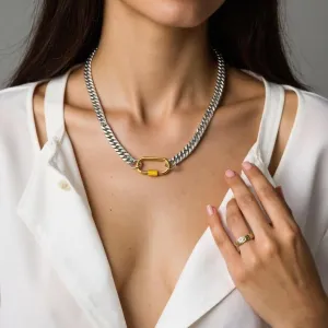 Women Two Color Mountaineering Buckle Necklace Silver Men and Women's Personalized Cuban Paper Clip Thick Chain Necklace